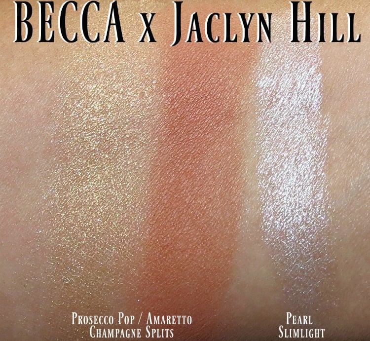 BECCA x Jaclyn Hill Prosecco Pop Amaretto Champagne Splits blush highlight duo pearl slimlight swatches review swatch pics
